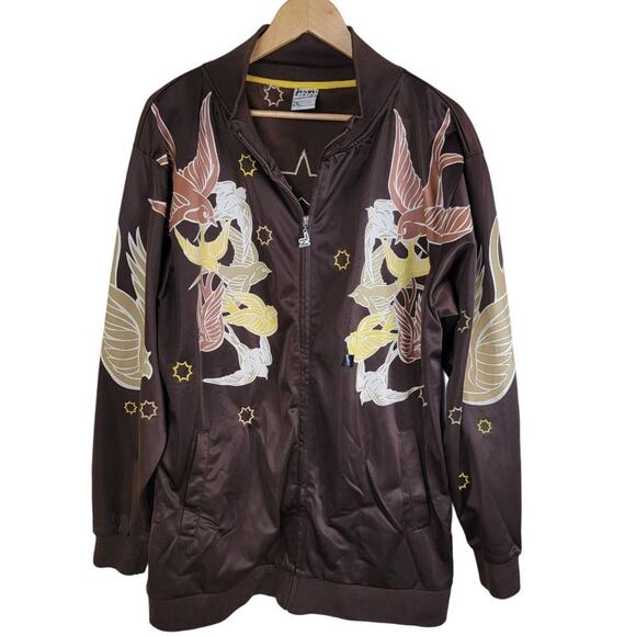 Jinzu Mens Y2K Birds Key Graphic Art Embroidered Bomber Jacket size XL Brown AOP - Picture 13 of 13